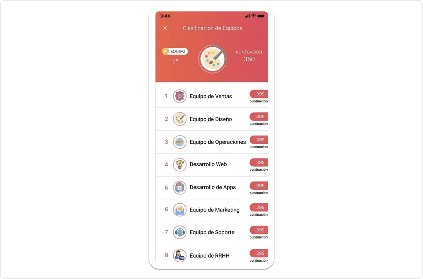 Pantalla móvil de clasificación por equipos de Vantage Fit que ordena a los equipos por puntuación con iconos de insignias y una sección destacada del mejor equipo.
