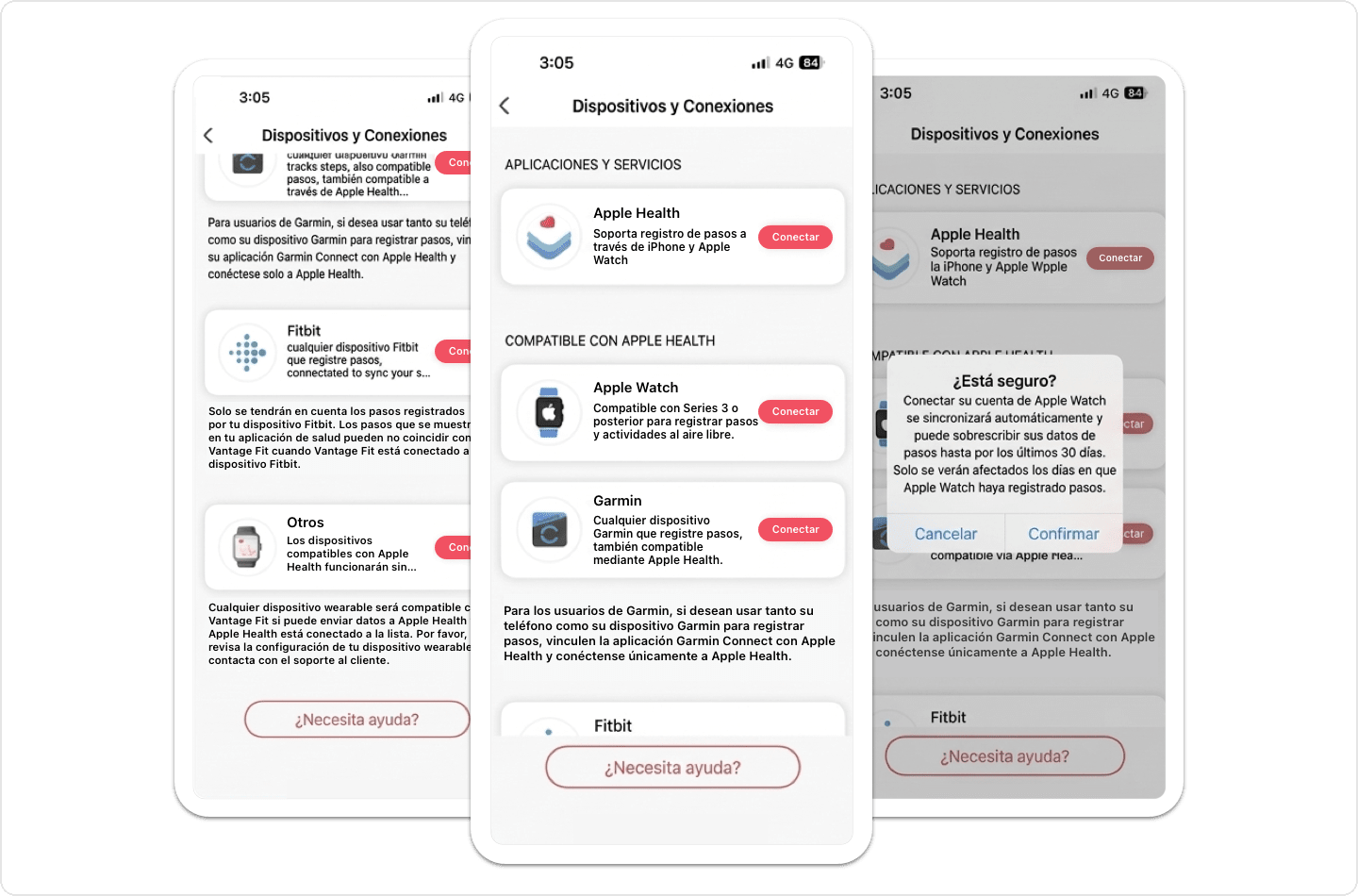 Pantalla móvil de Vantage Fit de dispositivos y conexiones para sincronizar Apple Health, Apple Watch, Garmin y Fitbit con diálogo de confirmación.