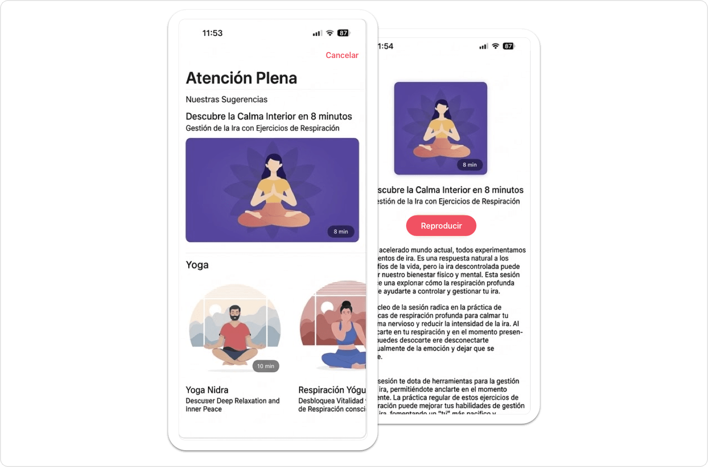 Reproductor de sesión de meditación guiada de Vantage Fit que muestra un ejercicio activo de mindfulness con temporizador de progreso.