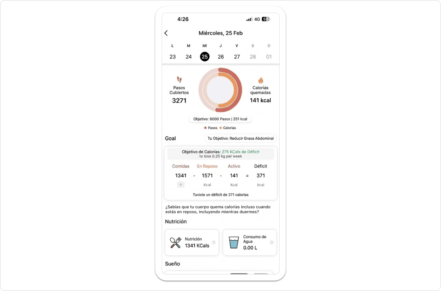 Seguimiento de balance calórico de Vantage Fit que muestra la ingesta diaria frente a las calorías quemadas con objetivos personalizados.