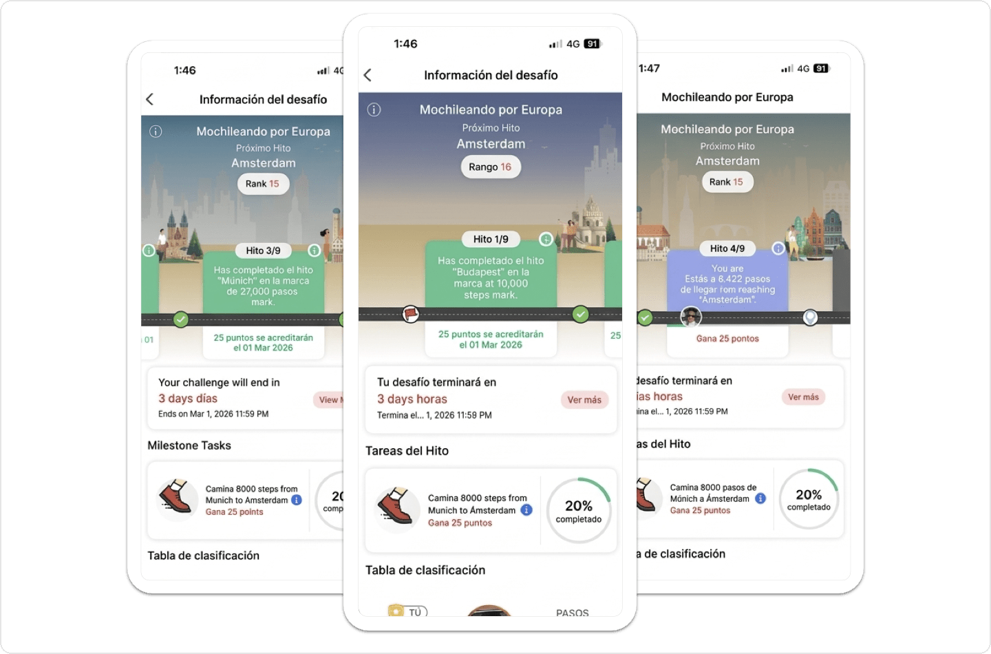 Vista móvil de Vantage Fit del recorrido de un desafío con línea de tiempo de hitos, tarjetas de progreso, puntos obtenidos y actualizaciones del ranking