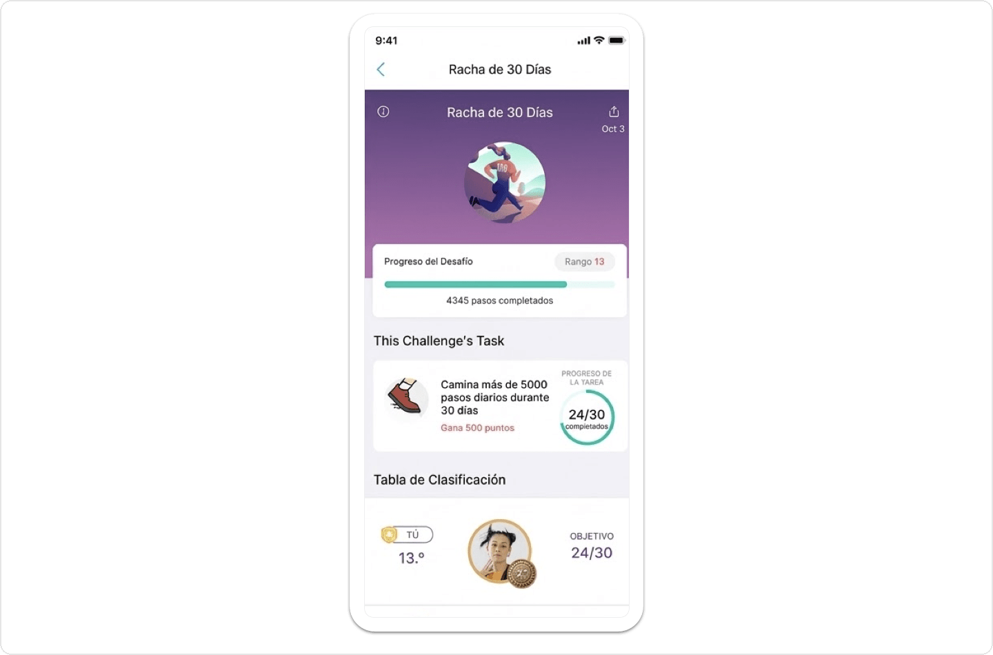 Desafío de racha de Vantage Fit que muestra el progreso semanal de creación de hábitos con un calendario diario de cumplimiento del objetivo de pasos.