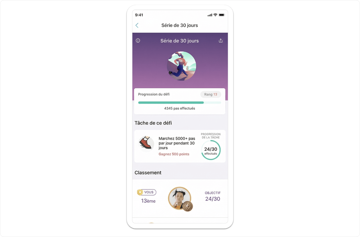 Capture d'écran Vantage Fit : calendrier de série de défi sur ordinateur, montrant la progression hebdomadaire des habitudes et l'atteinte de l'objectif quotidien de pas.