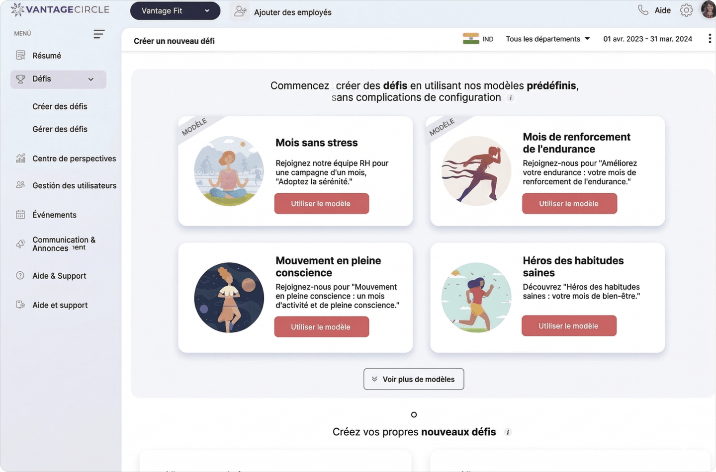 Capture d'ecran Vantage Fit vue d'ensemble du systeme de challenge sur ordinateur