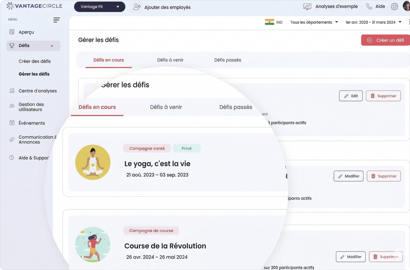 Capture d'ecran Vantage Fit tableau de bord de gestion des campagnes sur ordinateur