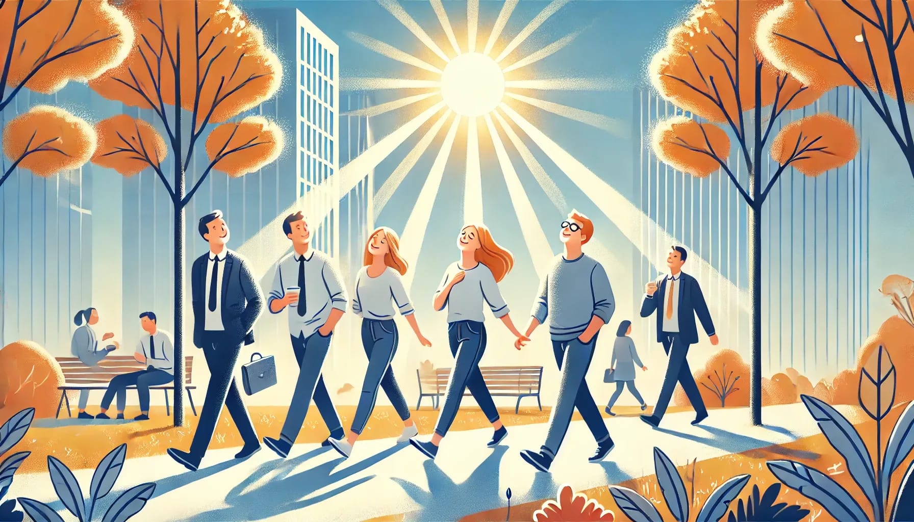 Employees going out to enjoy the fall sun after becoming aware of the seasonal affective disorder