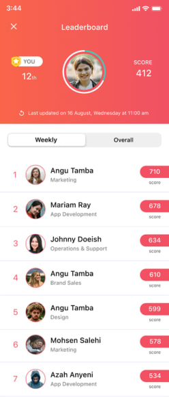 The Vantage Fit app leaderboard: a weekly ranking of colleagues by score, with the viewer own rank and score above it.