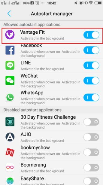 Enable Autostart for Vantage Fit on Vivo Mobile