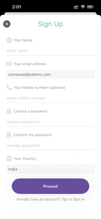 Registration form with geography, name, and password fields