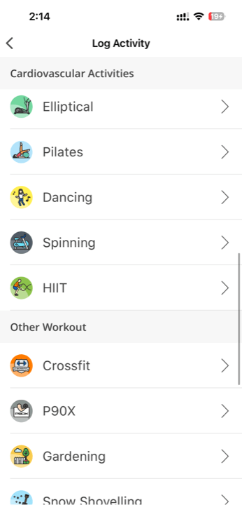 Log Activity screen showing activity categories with icons and a search bar