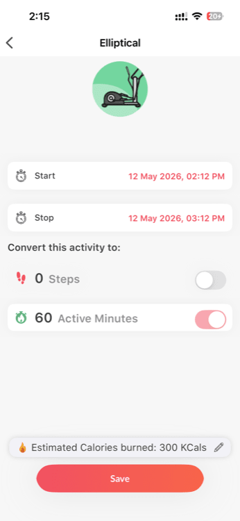 Activity detail entry screen with distance/duration input field and Save button