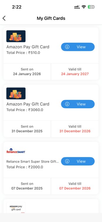 My Gift Cards section showing redeemed gift cards with details