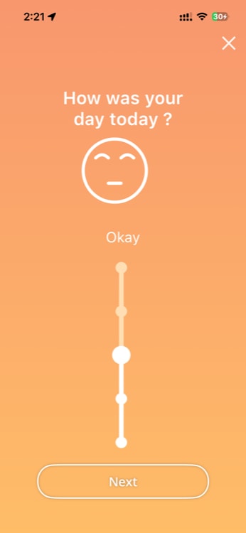 Mood Tracker screen showing the 1-5 mood scale with emoji icons and reason tags below