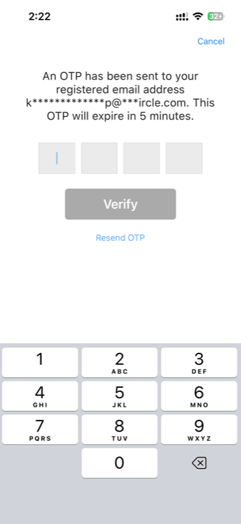 OTP entry screen showing code sent to registered email address, with four-digit input, Verify button, and Resend OTP link