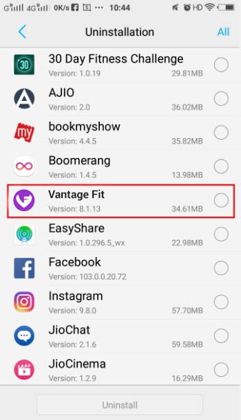 Select Vantage Fit in App Manager on Vivo Mobile
