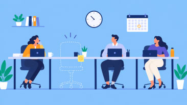 Ilustración de una fila de escritorios de oficina con tres personas trabajando y una silla vacía marcada con una nota adhesiva, que representa el absentismo laboral