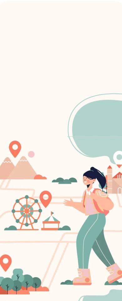 A traveller walking a mapped route past landmarks