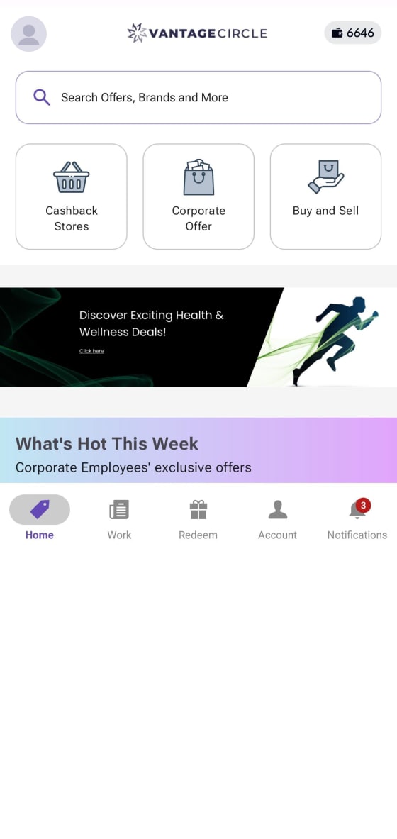 Vantage Circle mobile app home screen, showing employee offers, cashback stores and wellness deals