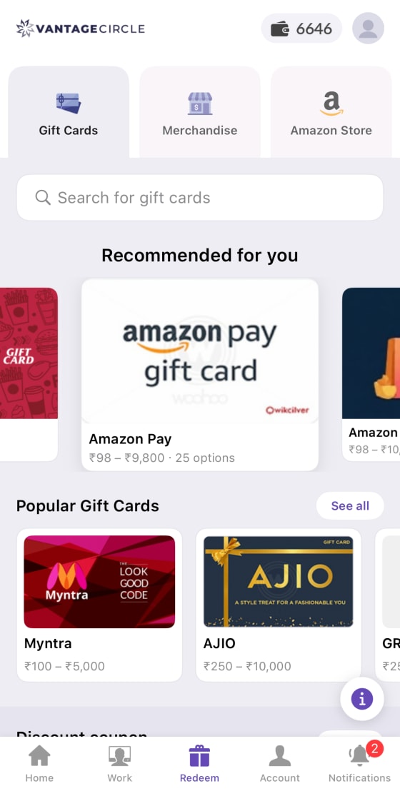 Vantage Circle mobile app Redeem tab, showing gift card and merchandise options