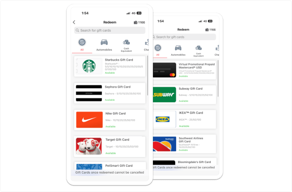 Vantage Fit mobile rewards redemption screen with gift card catalog, category tabs, and available points balance for checkout.