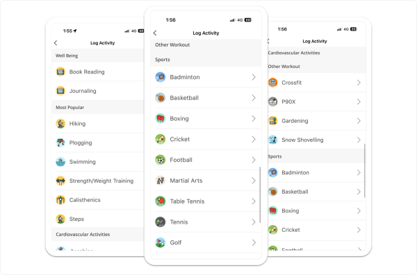 Vantage Fit mobile activity logging screen listing workout categories like hiking, swimming, and strength training for quick daily entry.
