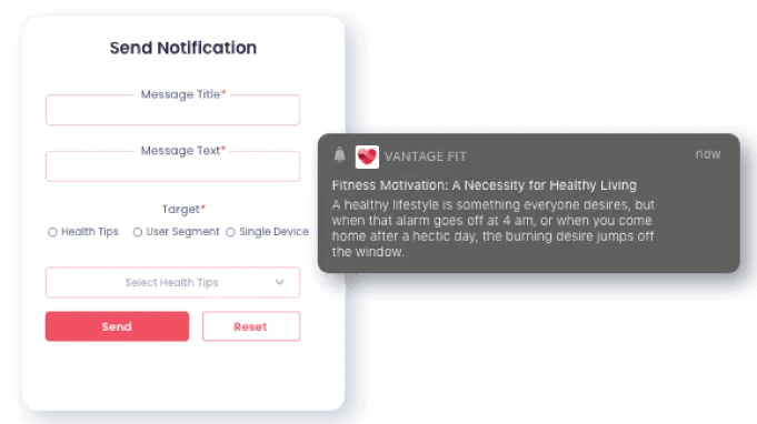 Vantage Fit platform displaying a push notification setup interface and a sample notification about fitness motivation