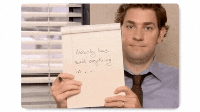 Jim from The Office series cracking a sarcastic joke on everyone's silence while playing Themed Trivia social wellness game
