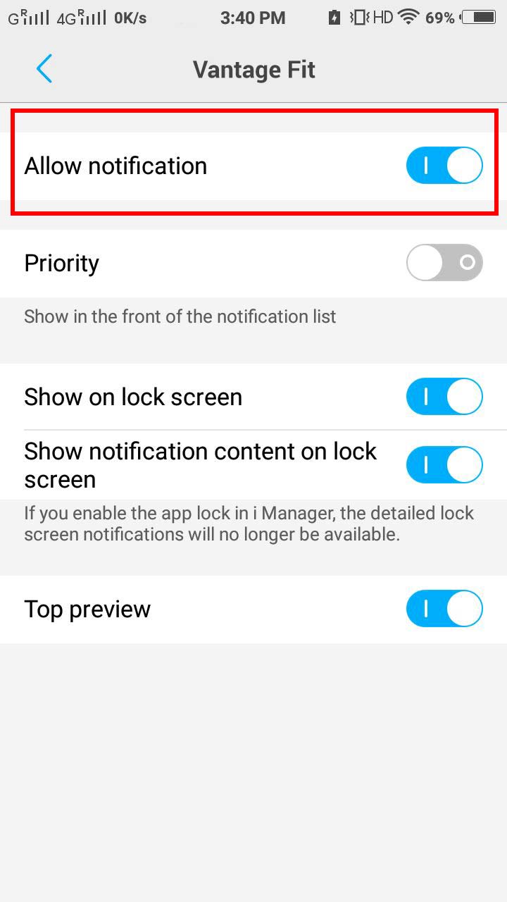Enable Allow Notification for Vantage Fit on Vivo Mobile