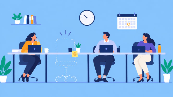 Ilustración de una fila de escritorios de oficina con tres personas trabajando y una silla vacía marcada con una nota adhesiva, que representa el absentismo laboral