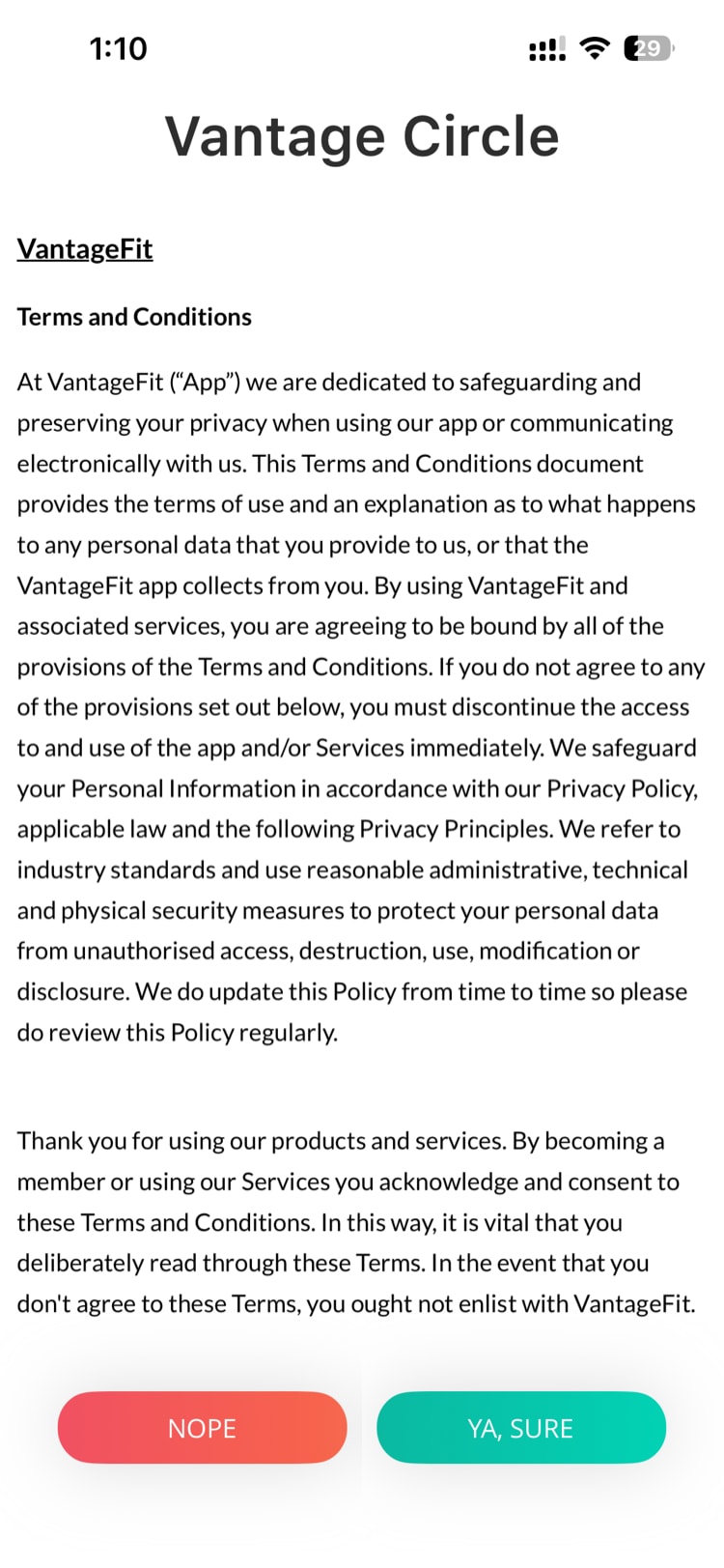 Terms & Conditions screen with Ya Sure and Nope buttons