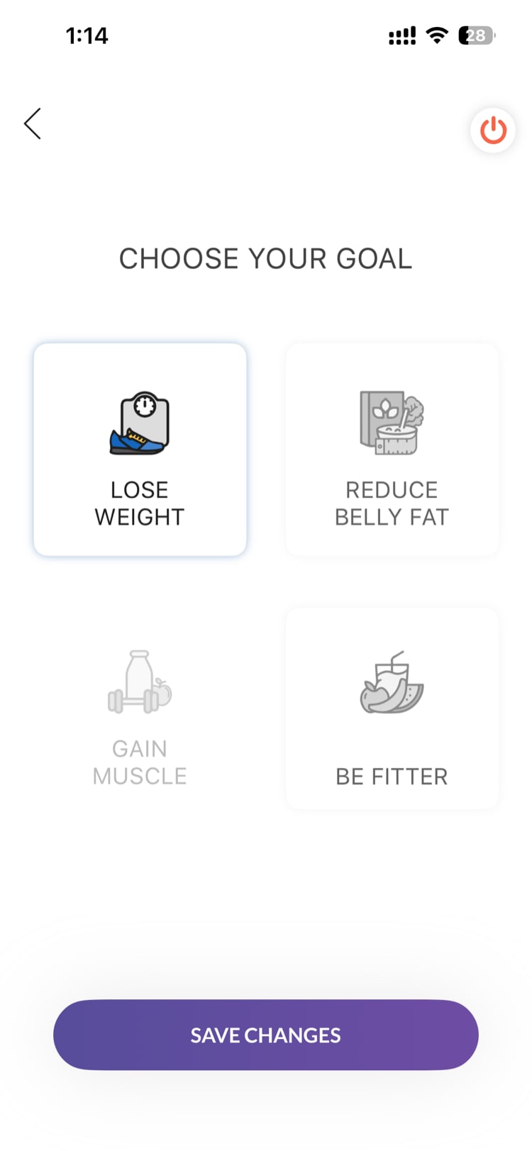 Fitness goal selection with 4 options