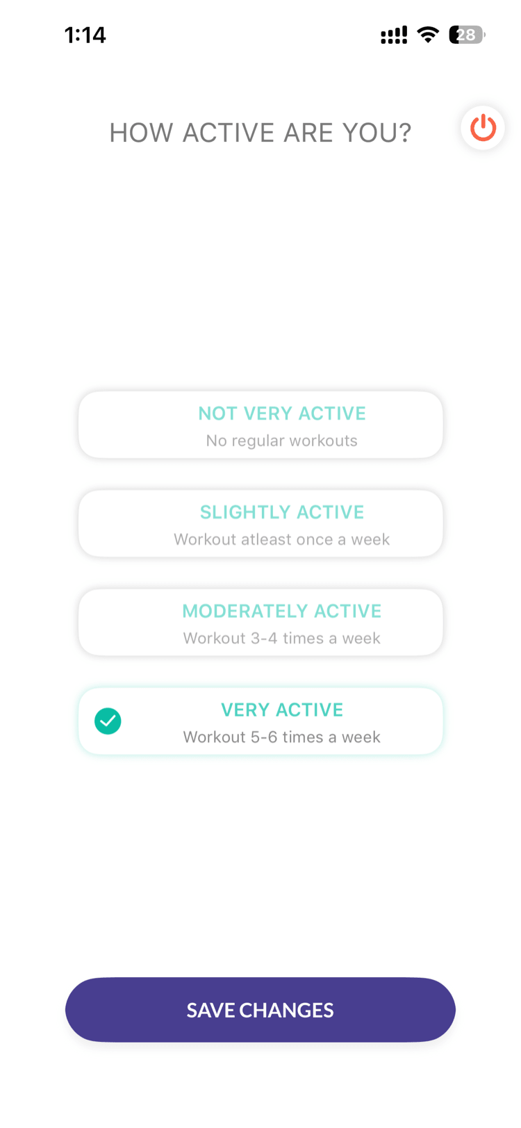Activity level selection with 4 options