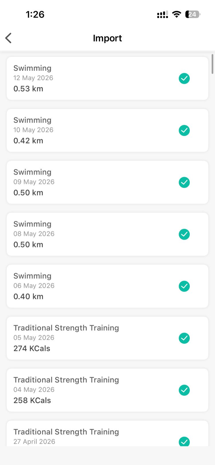 Import activities screen showing available workouts from Apple Health