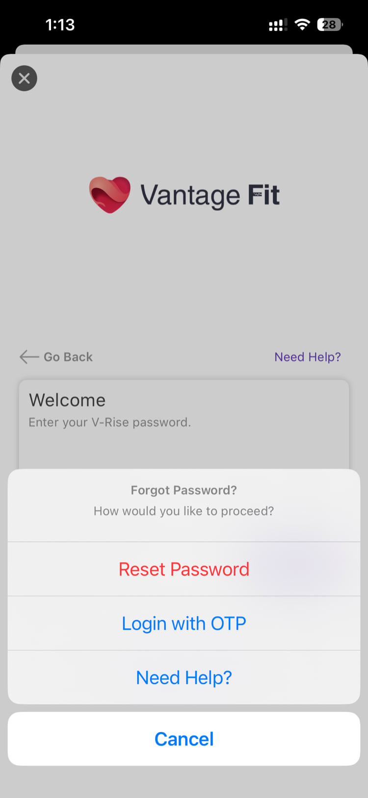 Action sheet with "Reset Password", "Login with OTP", "Need Help", and "Cancel" options