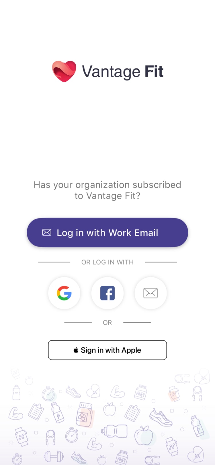 Sign-in screen showing "Login with Work Email" and "Login entering organization name" buttons