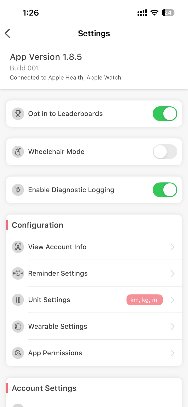 Settings screen showing toggles, Configuration section with Unit Settings and Wearable Settings, and Account Settings