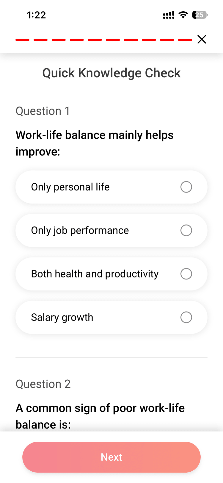Article with a quiz prompt appearing after reading