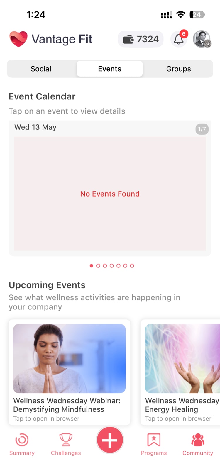 Community tab showing the Events section with a calendar view and upcoming events