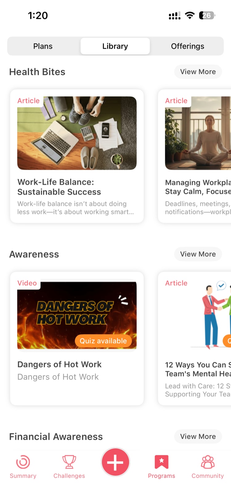 Library browsing view showing article, video, podcast, and webinar categories