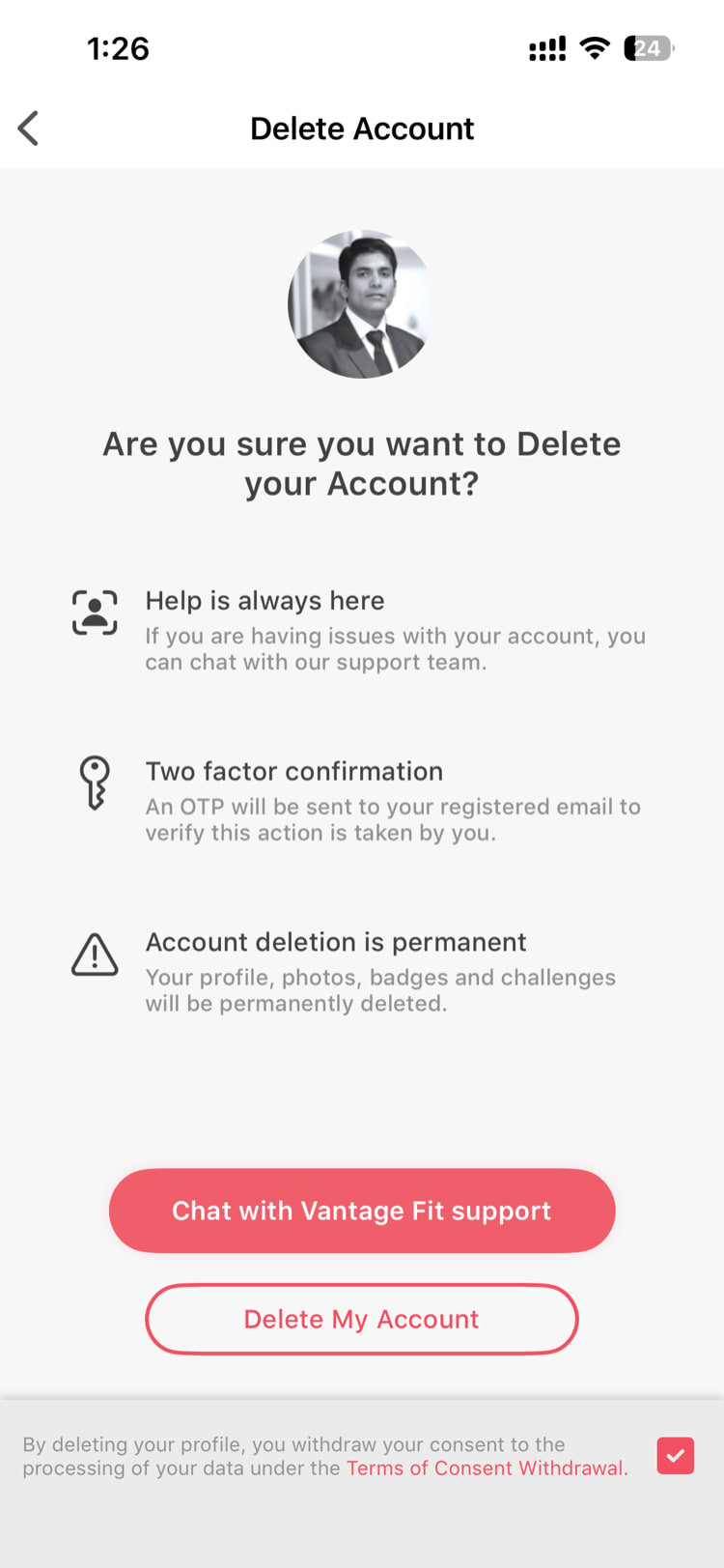 Delete My Account confirmation screen with warning message and OTP entry field