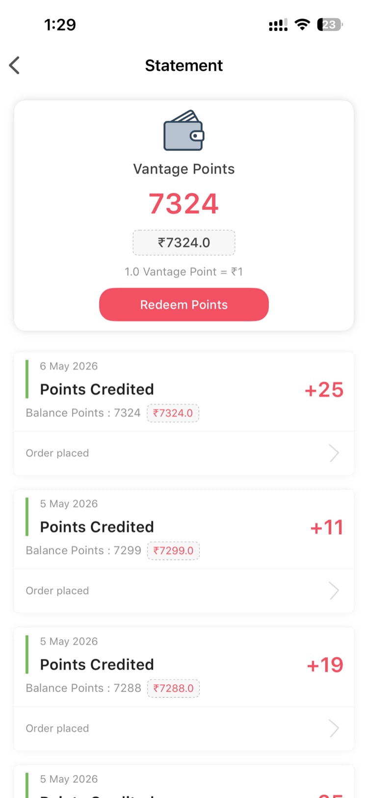 Wallet screen showing recent point earnings with descriptions and timestamps