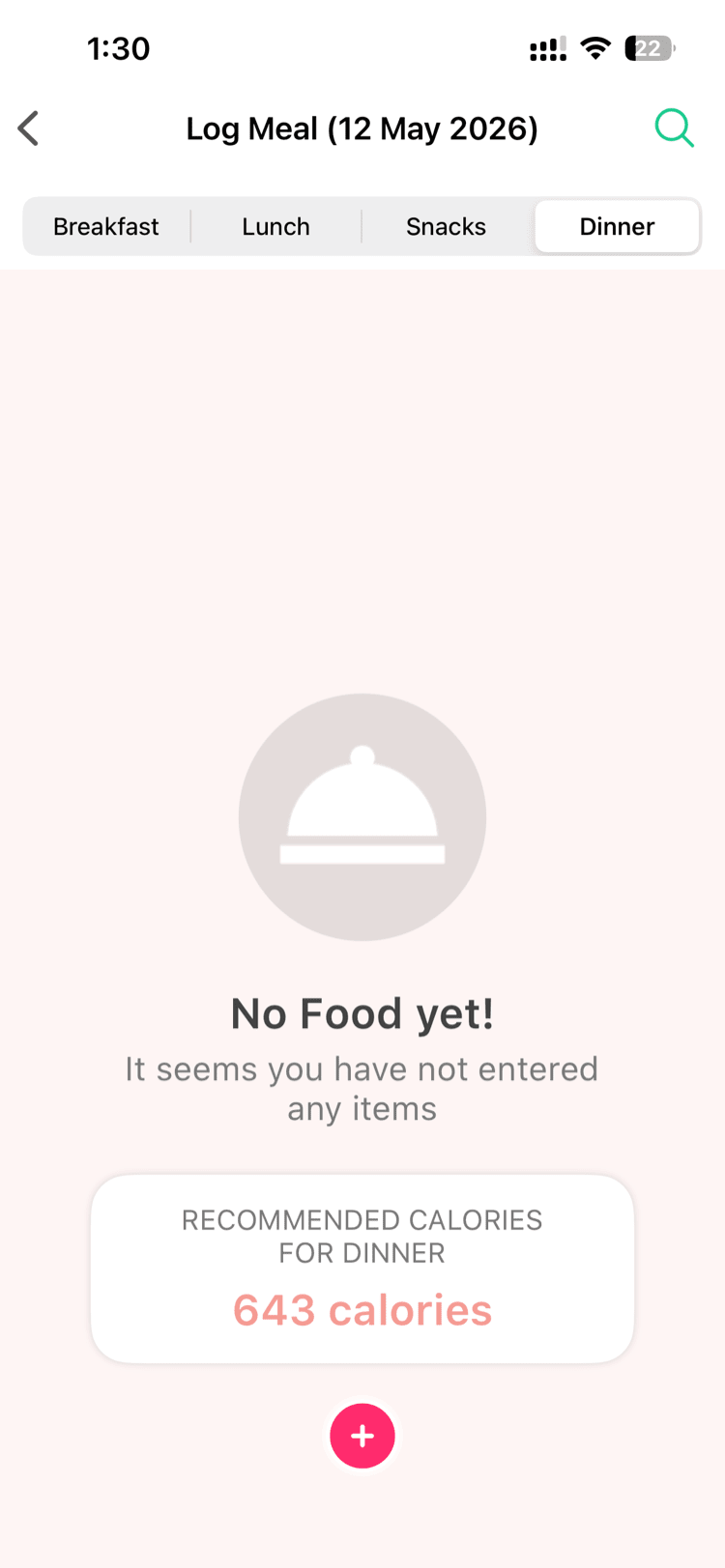Log Meal screen showing meal time selection (Breakfast, Lunch, Snacks, Dinner)