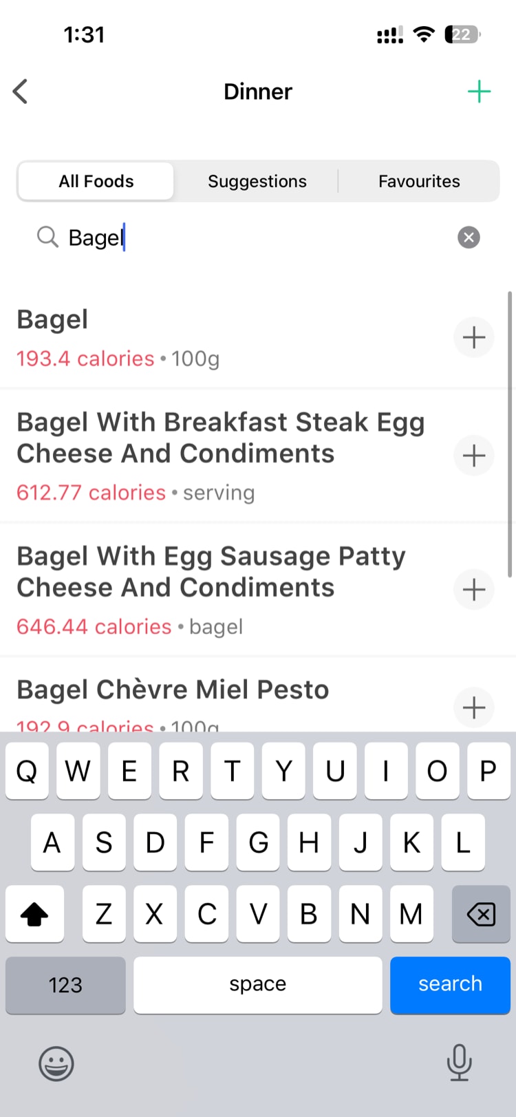 Food search results showing items with calorie counts and a Manual Entry option