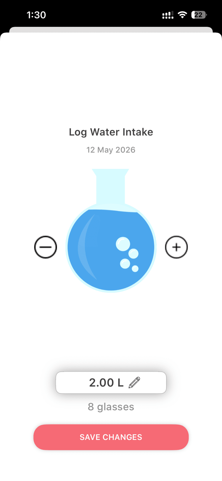 Log Water screen showing glass counter with + and - buttons and the current count