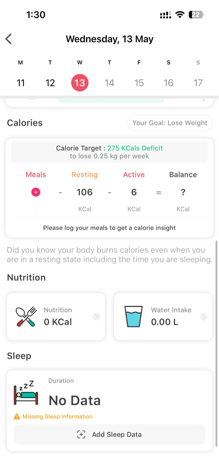 Diary view showing water intake summary for the day alongside steps and other metrics
