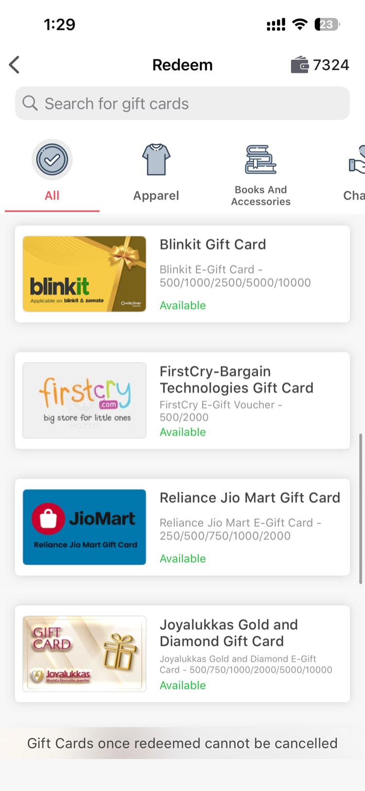 Gift card catalog showing brand cards organized by category with denomination options