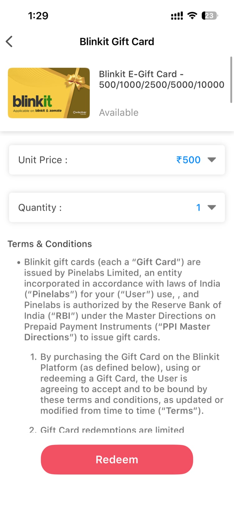 Redemption confirmation screen showing selected card, denomination, and point deduction