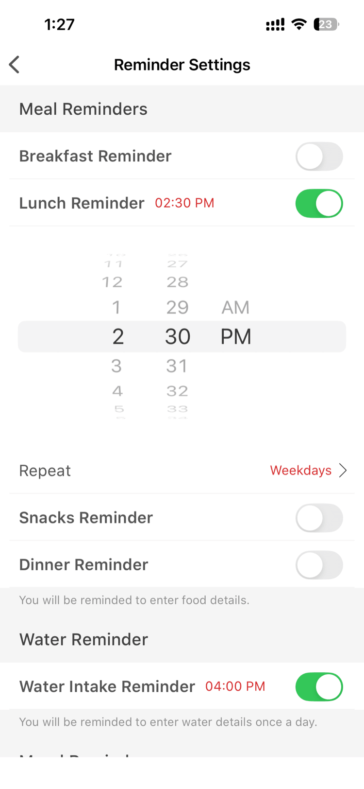 Reminder Settings screen showing available reminder types with time and repeat day options