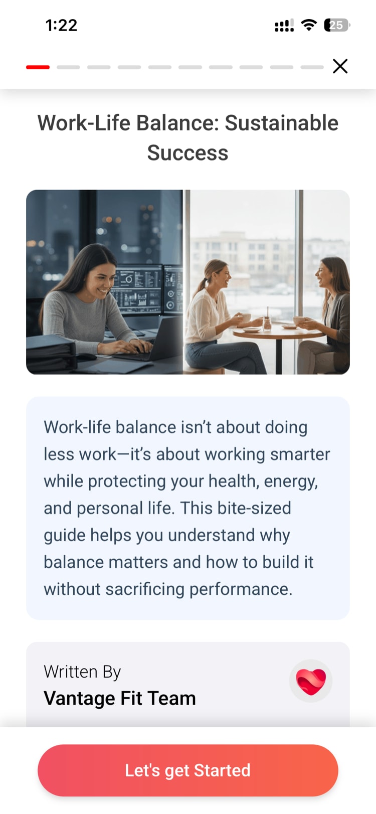 Bite-size content step showing an image with text and a Next button