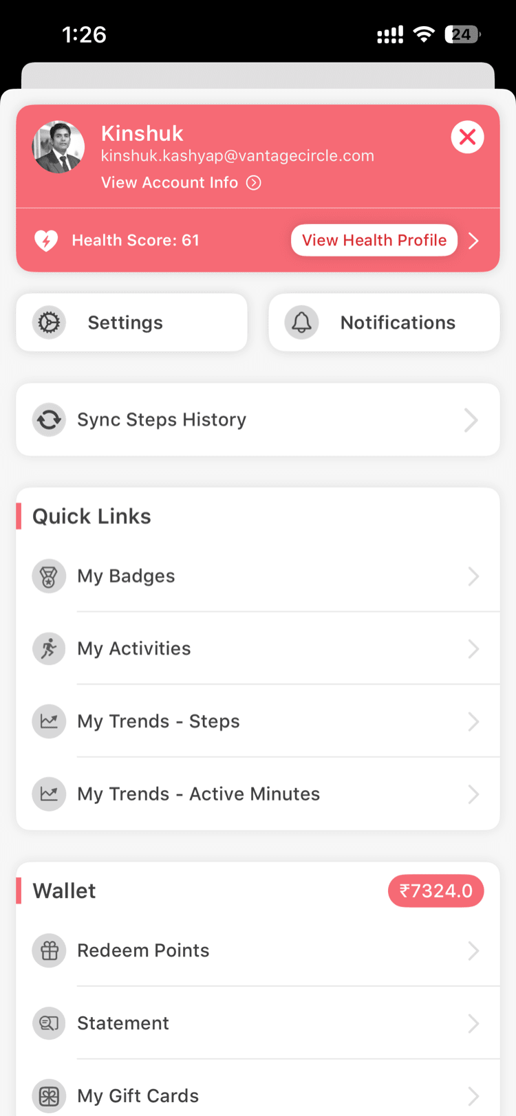 Drawer menu with the Wallet option visible